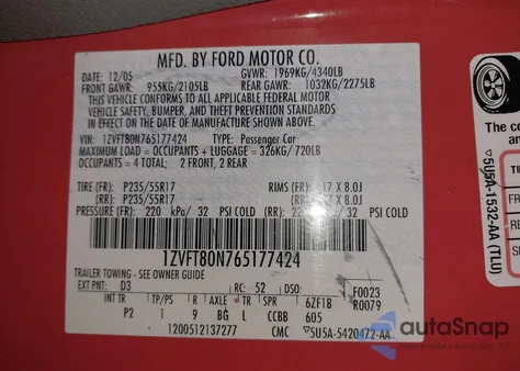 2006 Ford Mustang V6 z USA, uszkodzony, nr VIN 1ZVFT80N765177424